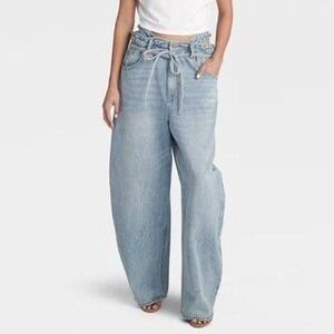 KBB by Khalana Barfield Brown Double Waistband Barrel Leg Jeans Light Wash 8